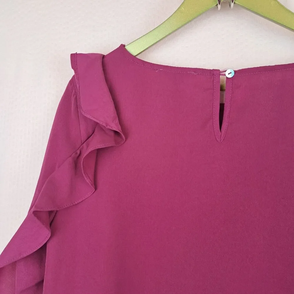 Umgee Long Sleeve Solid Pink Blouse Ruffle Size M Cotton Blend